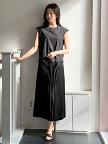 DAZY Vestido casual de mujer de unicolor con cuello en V y bajo plisado, vestido largo de verano tipo sundress - Negro - Ver 4