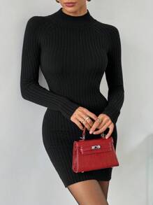 SHEIN Essnce Mock Neck Raglan Sleeve Jumper Dress Without Belt - Black - View 5
