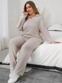 SHEIN LUNE 2 pièces Ensemble casual femme grandes tailles. Top T-shirt côtelé à manches longues et épaules tombantes et pantalon. Tenue de printemps/automne, aéroport, voyage, vacances, Nouvel An. Vêtements d'hiver pour femmes, tenue de Nouvel An - Nude - Voir 3