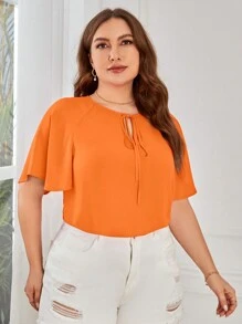 SHEIN Clasi Plus Tie Neck Raglan Sleeve Blouse - Orange - View 3