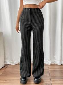 Flirla 女式性感低腰条纹喇叭裤，带口袋 - 黑色 - 查看 4