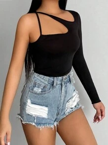 SHEIN PETITE 女士纯色单袖简约镂空休闲衬衫 - 黑色 - 查看 4