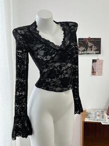 DAZY Women's Deep V-Neck Long Sleeve Ruffle Trim Casual Slim Fit Lace Tee Sheer