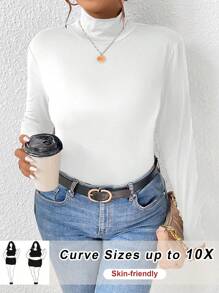 SHEIN CURVE+ Camiseta de punto de cuello alto ajustada de talla grande de color liso acanalado