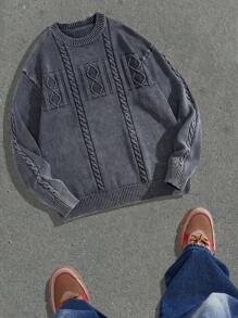 Manfinity Denimwave Maglione a girocollo in maglia a maniche lunghe con stampa geometrica, vestibilità comoda, adatto per autunno/inverno, da uomo