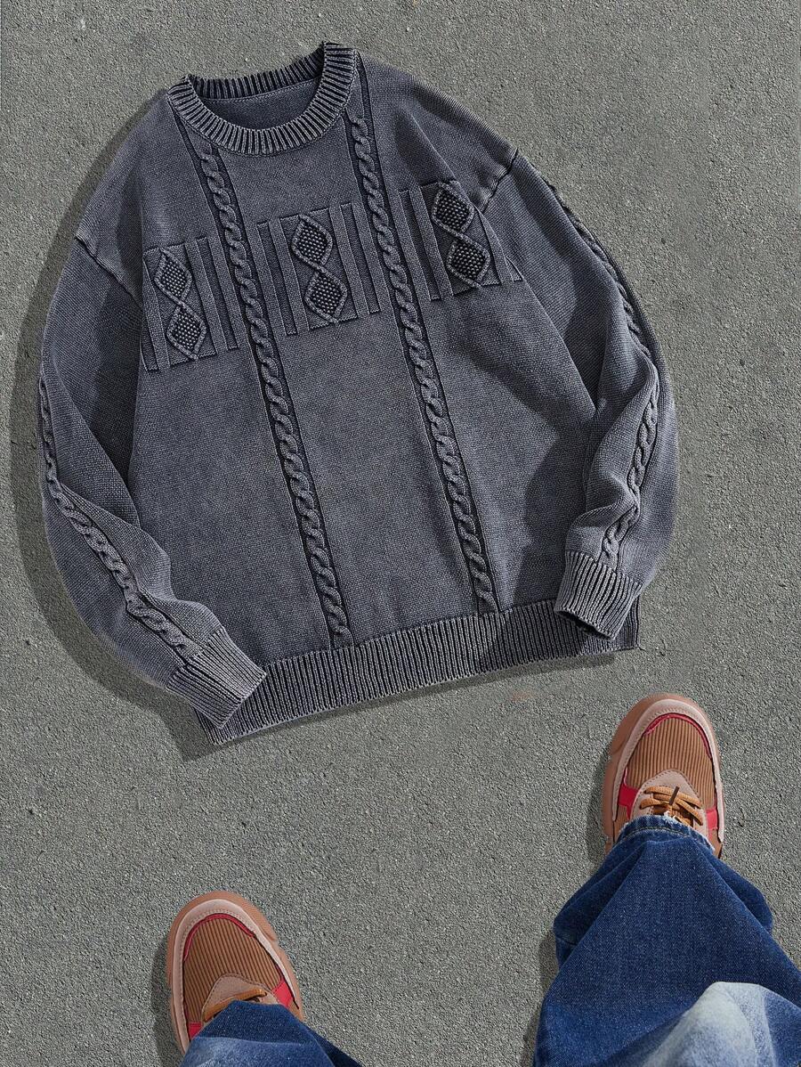 Manfinity Denimwave Maglione a girocollo in maglia a maniche lunghe con stampa geometrica, vestibilità comoda, adatto per autunno/inverno, da uomo
