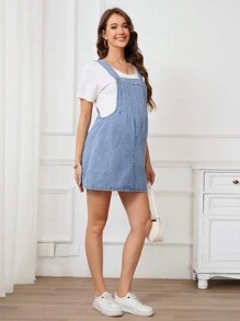 SHEIN 孕妇宽肩带纽扣休闲牛仔连身裙