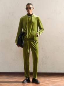 AKNOTIC Party 2pcs/Set Men Loose Knit Dropped Shoulder Hooded Sweatshirt & Pants Set, For Fall Winter