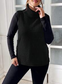 SHEIN Essnce Plus Size Women's Autumn And Winter Casual Loose Comfortable Warm Black Turtleneck Sweater Vest,Fall Women Clothes,Winter Sweater Top,Winter Outfits,Thermal Tops,Curve Comfy Sweater - Black - View 3