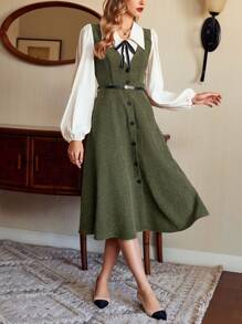 Vintamour Vintage elegantes Damenkleid aus Cord mit Einsätzen, Hemdkleid, Tankkleid mit Tasche, Schleife, Gürtel, V-Ausschnitt, Knopfdekor, hoher Bund, lässiges Regenschirmkleid für den Weg zur Arbeit, A-Linie, langes Kleid für Festivals, Winterkleidung für Frauen, langärmliges Kleid, Neujahrskleider für Damen, elegante Winterkleide für Weihnachten, Damen-Outfit, Urlaubspartykleid