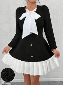SHEIN Unity Váy xếp ly viền cổ buộc màu đen trắng cỡ lớn - Đen và trắng - Xem 7