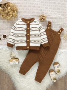 SHEIN Vintaside Kids Baby Boy 2pcs Knit Sweater Set: Round Neck Long Sleeve Striped Cardigan With Stylish Jacket, Paired With Overall Pants. Soft, Breathable Fabric For Cozy Childhood, Easy Matching Outfit.