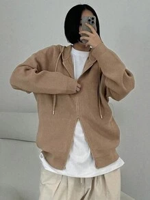 DAZY Women's Solid Color Hooded Loose Knitted Cardigan,Fall Women Clothes - Khaki - View 4