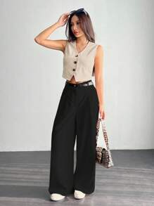 SHEIN PETITE 休闲办公室女士无袖衬衫，正面有纽扣 - 卡其色 - 查看 7