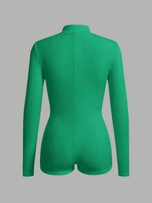 Slaydiva White Ribbed Fabric Long Sleeve Zip Front Jumpsuit, Casual - Green - View 2