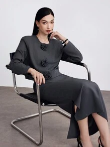 Heiryn 2 件套女士秋季优雅纯色 3D 花卉装饰夹克和裙子套装 2 件套 - 灰色 - 查看 3