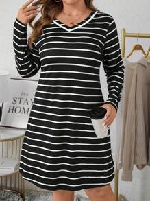 SHEIN LUNE Vestido de punto casual midi de cuello en V a rayas negro y blanco de estilo elegante para mujer talla grande, atuendo de fiesta de vacaciones de otoño/invierno