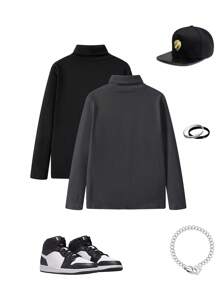 SHEIN 2 pièces/set Hauts à manches longues en polaire col roulé décontractés et polyvalents pour garçons adolescents, assortiment blanc et noir