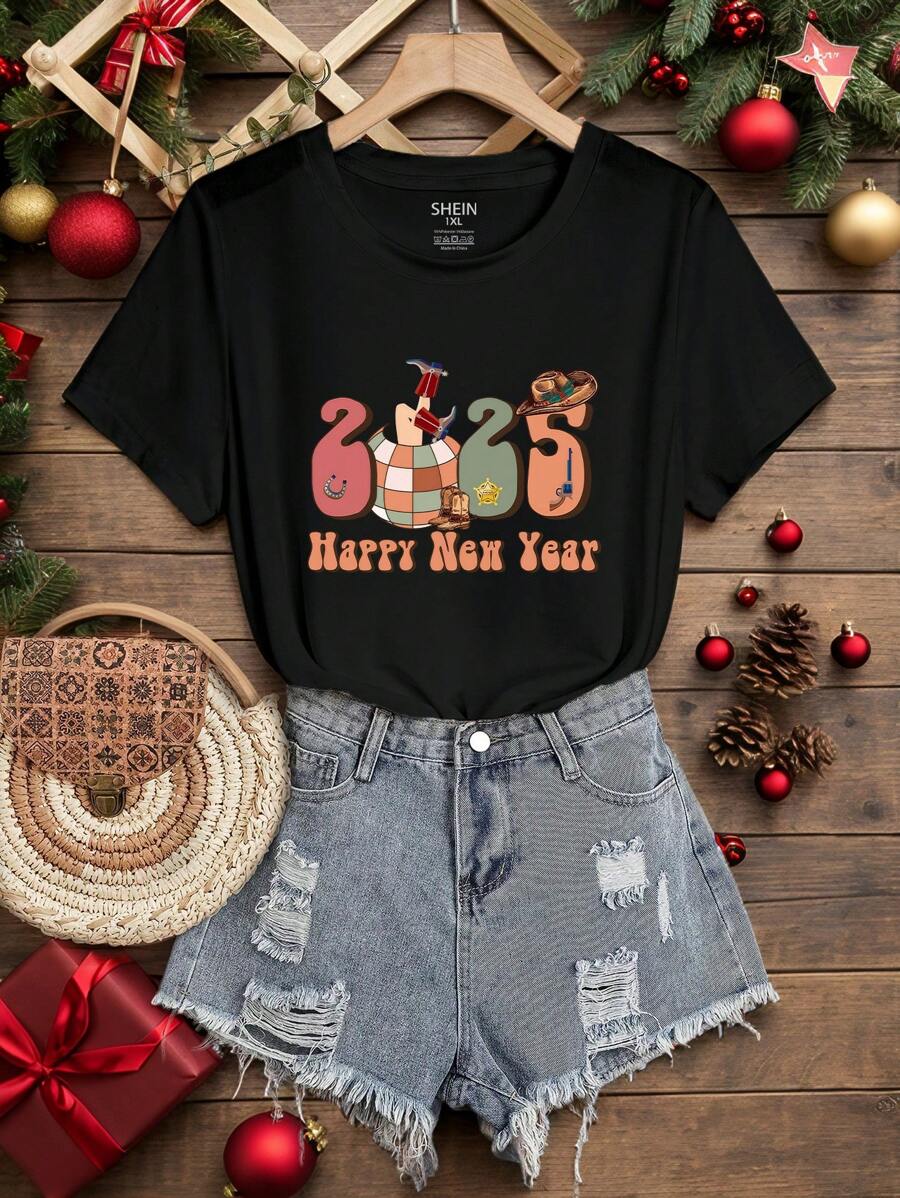 SHEIN LUNE Áo thun tay ngắn cổ tròn in hình khẩu hiệu mừng năm mới 2025 cỡ lớn cho nữ, Áo thun họa tiết năm mới cho nữ - màu đen - Xem 1