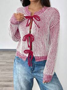 Chiquease Casual Striped Lace-Up Raglan Cardigan For Autumn/Winter Fall Cloth For Women