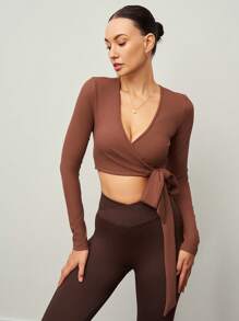 Activina 女士纯色侧围系带短款长袖运动 T 恤，适合日常健身和芭蕾舞 - 棕色 - 查看 5