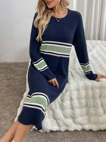 SHEIN Clasi Women's Casual Striped Crew Neck Long Sleeve Loose Pullover Dress Fall Cloth For Women - Multicolor - View 6