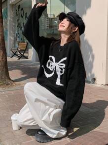 DAZY 女士圆领宽松蝴蝶结图案毛衣，秋装 - 黑色 - 查看 8