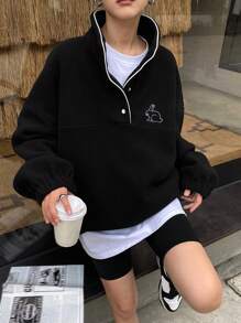 DAZY 女式卡通兔子图案纽扣半襟落肩长袖休闲运动衫，秋季 - 黑色 - 查看 6