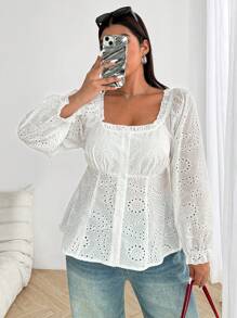 Vionelle Plus Size Romantic Ruffled Square Collar Puff Sleeve Cinched Waist Cute Blouse Peplum Top Fall Cloth For Women - White - View 6