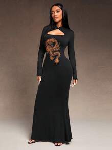 SHEIN SXY Elegantes, sexy Kleid für die Silvester-Partynacht und den Valentinstag, schwarz, hohe Dehnbarkeit, orientalischer Stehkragen, ausgeschnitten, Langarm, Fischschwanz-Boden-Länge, mit orangefarbenem Drachen-Muster - Schwarz - Übersicht 4