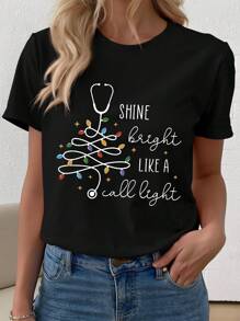 SHEIN LUNE Áo thun bó sát in hình họa tiết cầu vồng và trích dẫn cho nữ Áo thun họa tiết cho nữ - màu đen - Xem 3
