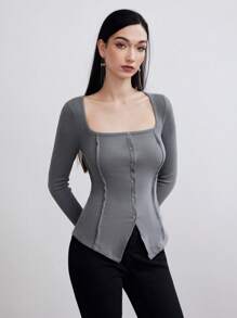 Heiryn Women's Casual Solid Color Front Button Slim Fit T-Shirt, Autumn - Grey - View 1