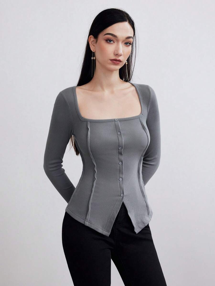 Heiryn Women's Casual Solid Color Front Button Slim Fit T-Shirt, Autumn - Grey - View 1