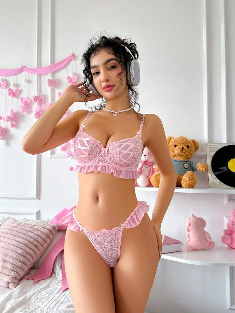 PetitDoll Bộ đồ lót lưới ren tương phản 2 món/bộ dành cho nữ (có gọng, dây) - Hồng - Xem 1