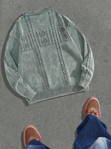 Manfinity Hypemode Men's Casual Loose Fit Textured Round Neck Long Sleeve Sweater, Autumn - Army Green - View 2