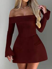 INAWLY Women Elegant Off-Shoulder Long Sleeve Pocket Casual Simple Mini Dress, For Valentine's Day, New Years Party Fall Cloth For Women - Redwood - View 8