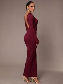 Silquee Women's Basic Slip Dress With Sexy Deep Back, Waist Folds, Skin-Friendly Long Sleeve Floor Length Tight Dress, Ash Gray