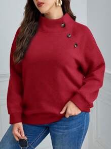 SHEIN LUNE Plus Size Women Stand Collar Button Trim Raglan Sleeve Casual Sweatshirt, Fall/Winter Christmas Women Clothes - Red - View 2