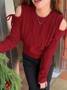 DAZY Suéter de manga larga con hombros abiertos y nudo delantero de unicolor para mujer, otoño/invierno