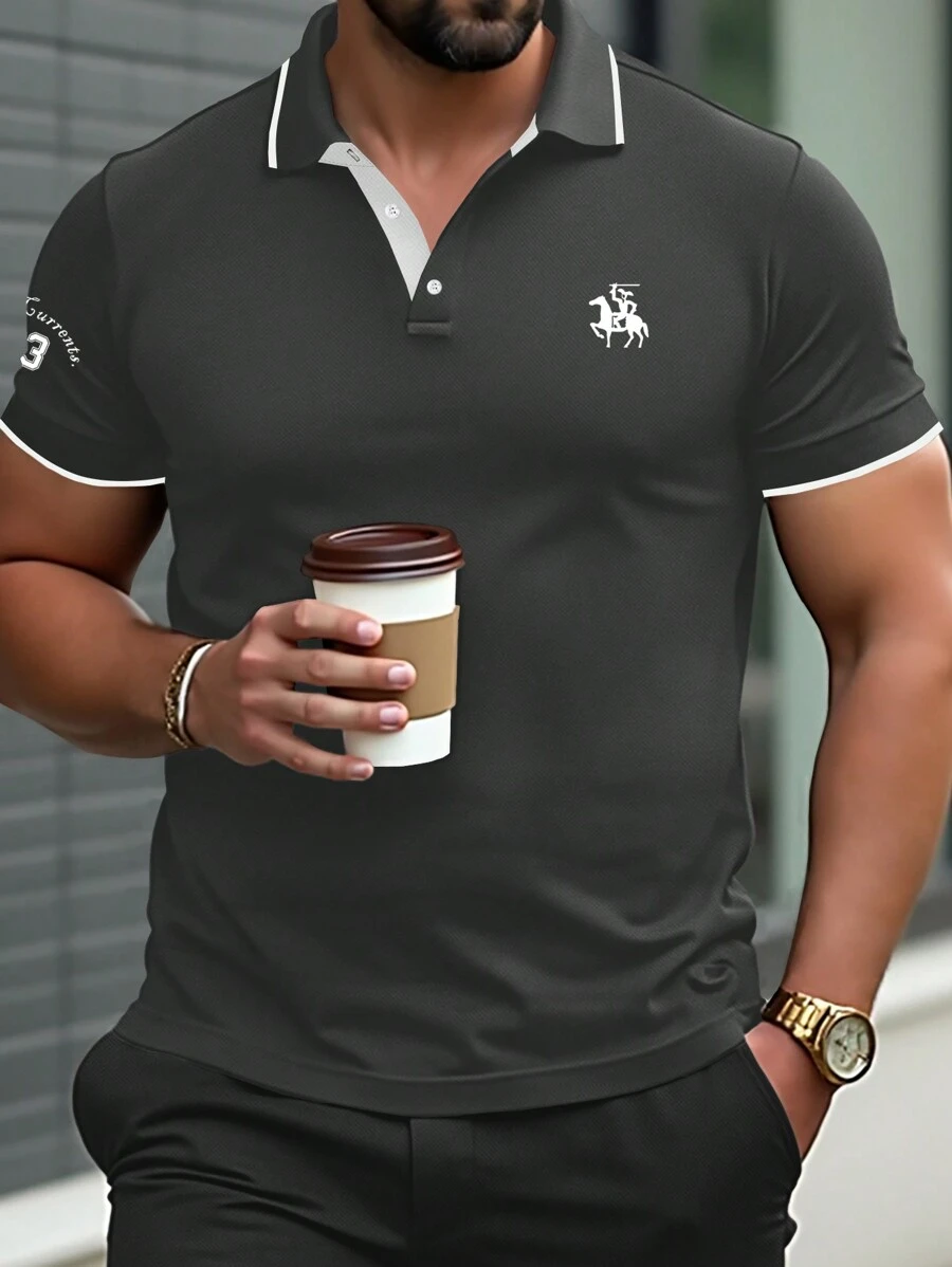 Manfinity Homme 大码男式撞色边饰休闲短袖 Polo 衫 - 深灰色 - 查看 1