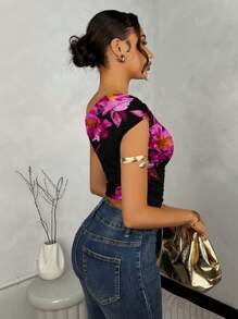 SHEIN BAE 女士紧身不对称肩部收褶短款吊带背心，适合夏季