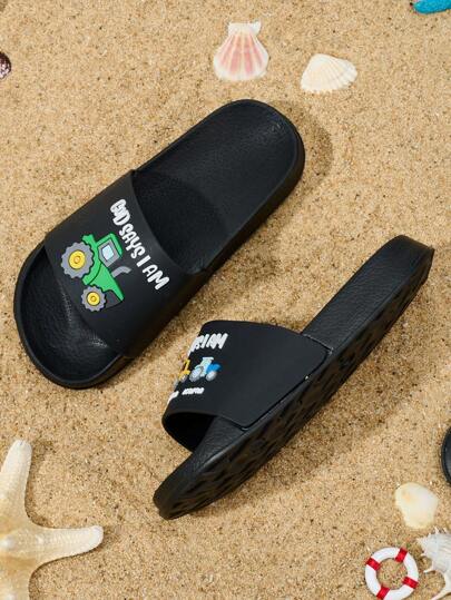 1 Pair Boys' Comfortable, Fashionable, Casual, Lightweight, Versatile Truck Print Decorated EVA Breathable Soft Foam Slides, Spring/Summer