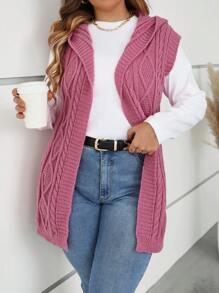 SHEIN LUNE Plus Size Sleeveless Hooded Knitted Cardigan, Multi-Color Winter Fall Autumn - Hot Pink - View 5