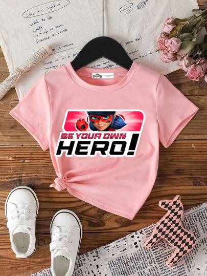 Miraculous Ladybug X SHEIN T-shirt à manches courtes avec personnage de dessin animé et impression de slogan, style casual pour jeune fille, idéal pour l'été