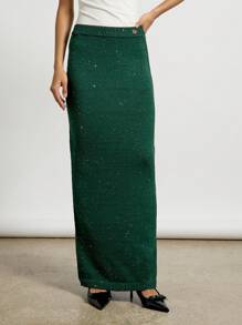 AiiRZ Sparkly Knit Maxi Skirt Festive Holiday Evening Ribbed Waistband Shimmer Party Long Winter Occasion Wear