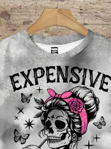 SHEIN LUNE 秋冬休闲简约骷髅印花图案圆领宽松女式卫衣 - 彩色 - 查看 4