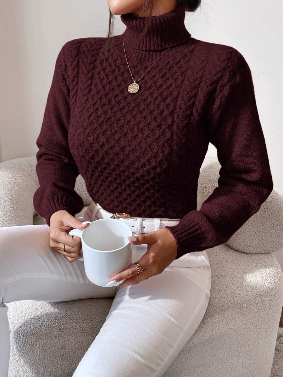RueChic Sweater Turtleneck Polos Kasual Wanita, Musim Gugur/Dingin - Burgundy - View 1