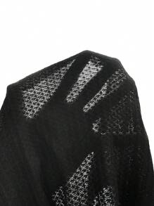 SHEIN Frenchy 蕾丝拼接长袖华夫格面料T恤 - 黑色 - 查看 7