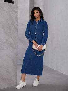 女士经典复古两件套牛仔套装，标准长袖牛仔衬衫和高腰 A 字裙，适合办公室女士和休闲和学校春夏秋冬