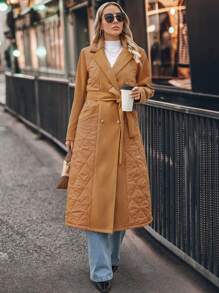 SHEIN LUNE Abrigo casual de invierno para mujer de unicolor, con cuello de solapa, doble botonadura y relleno, para otoño